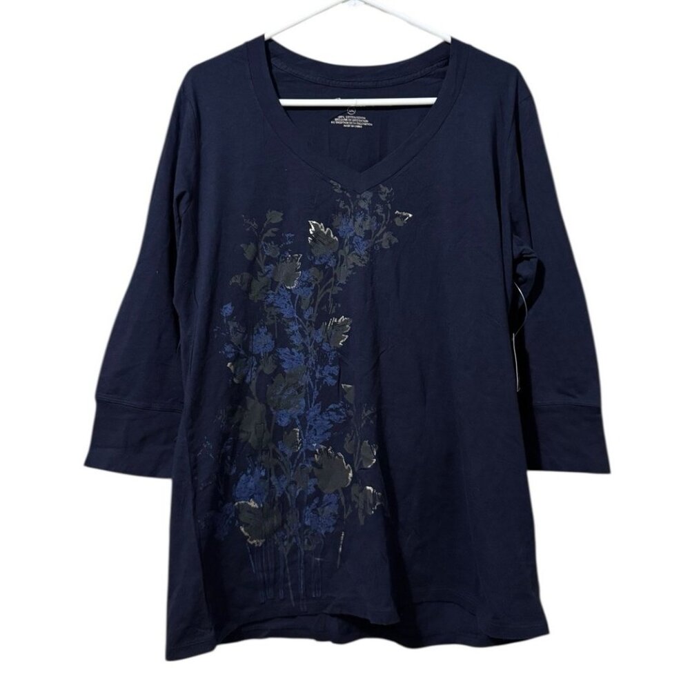 Eddie Bauer Women V Neck Knit Tunic Top Size XXL‎ Botanic Dark Navy Cotton NWT